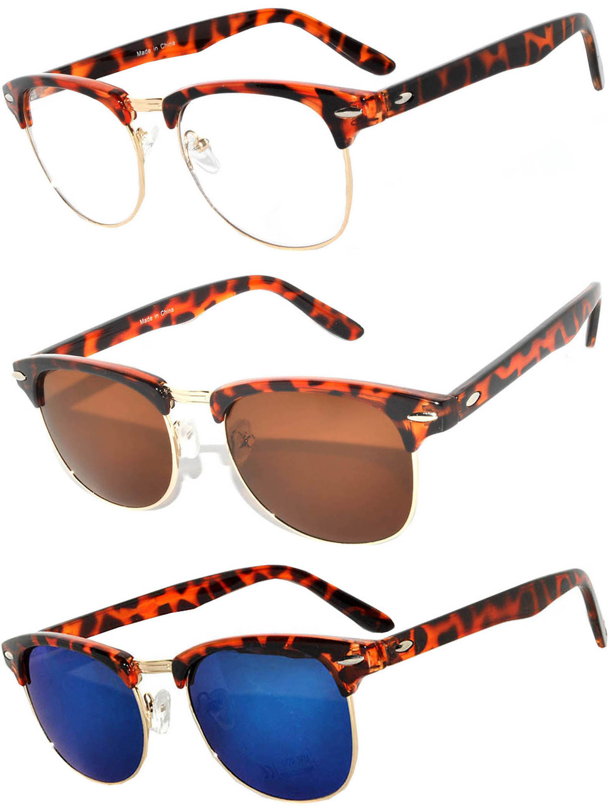 Set of 3 Classic Half Frame Semi Rimless Horn Rim Sunglasses Rimmed Leopard