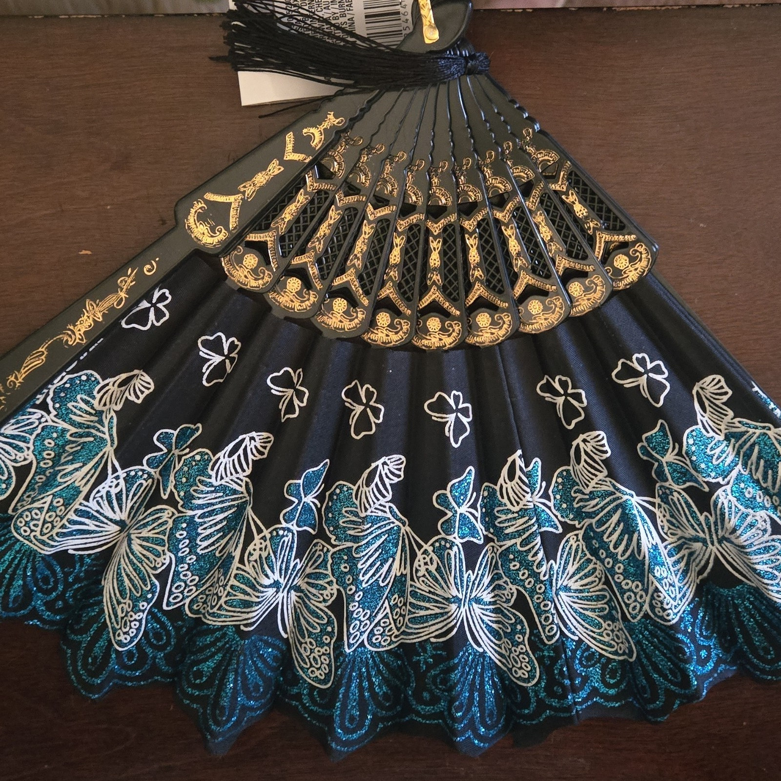Black Folding Hand Fan Fabric/Plastic Blue & White Butterfly Print Gold Accents