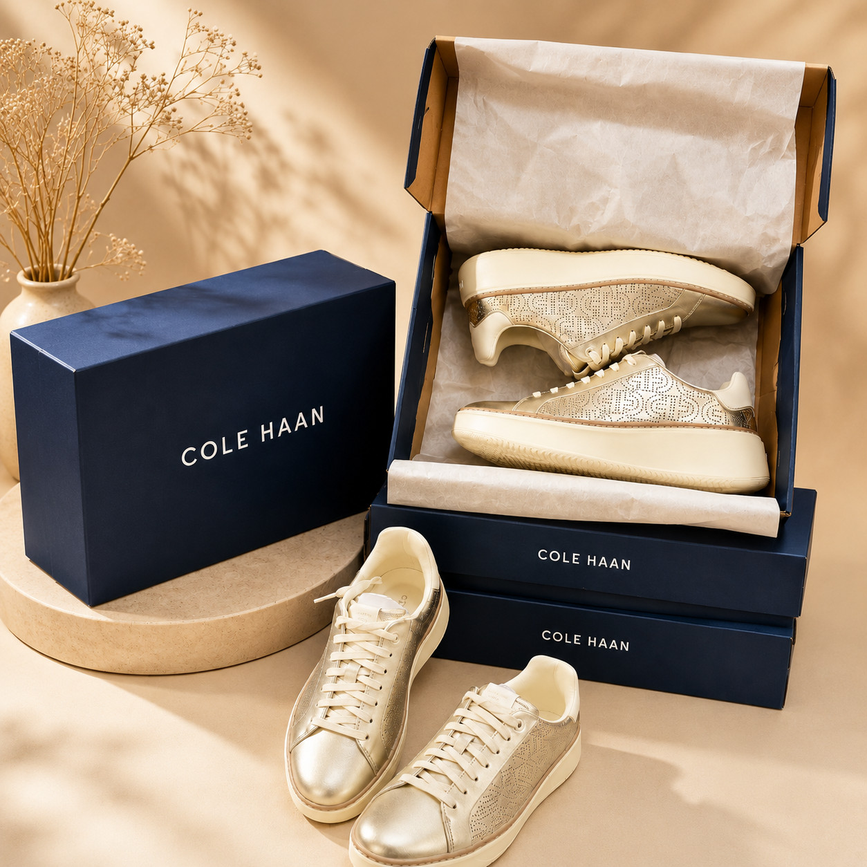 Cole Haan GrandPro Women Sneakers Size 8.5B Gold Leather Platform Low Top Shoes