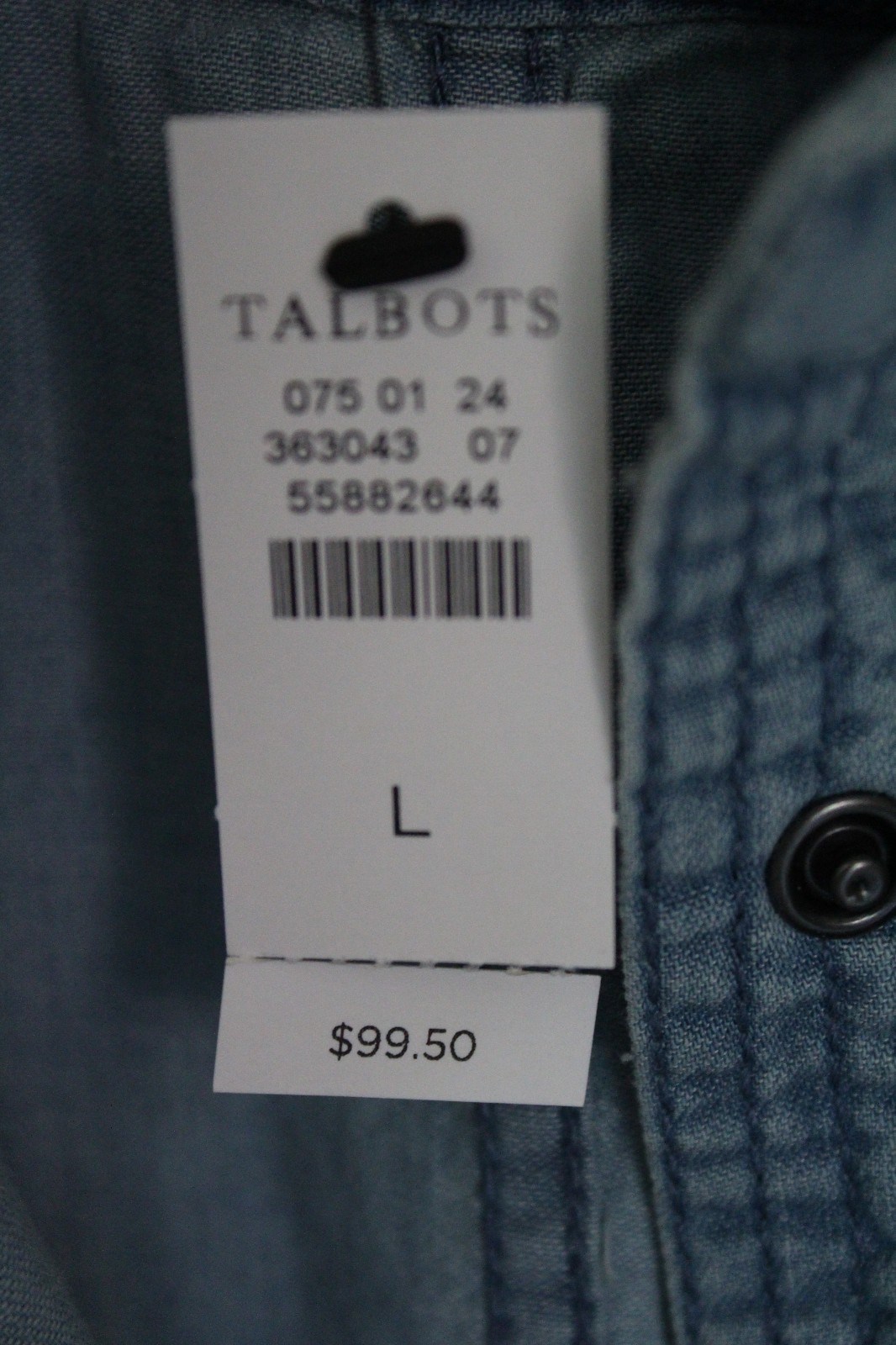 Talbots Large Chambray Snap Button Shirt Light Wash Denim 100% Cotton NWT
