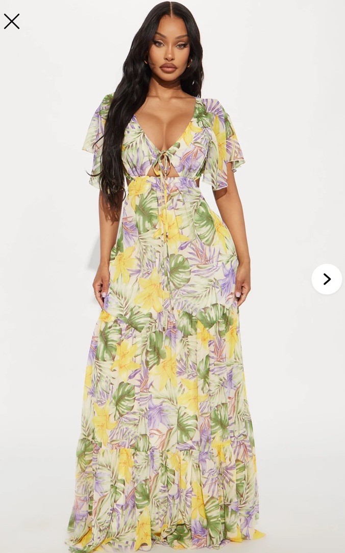 Fashion Nova Tropical Floral Chiffon Maxi Dress Open Back V-Neck XS Yellow