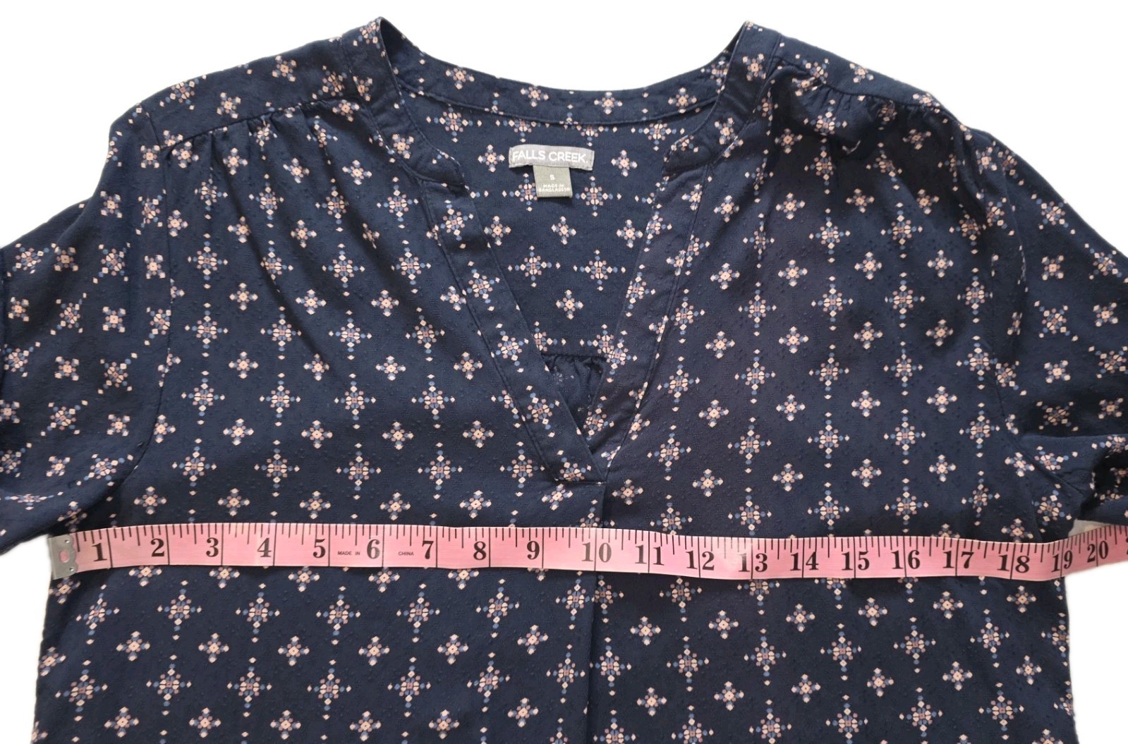 Falls Creek Navy Blue Geometric Bell Sleeve Pullover Blouse Women’s Size S