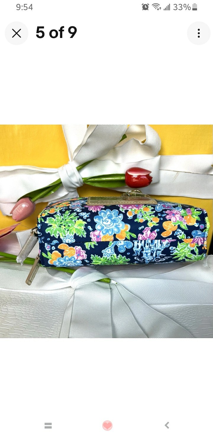 Disney x Lilly Pulitzer Mickey Floral Zip Wristlet Wallet Blue Chain ID Window