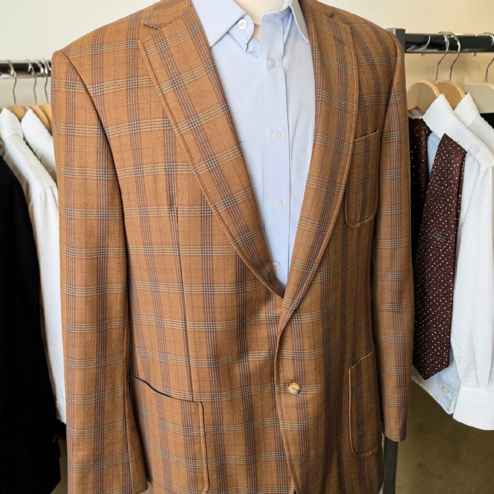 Bespoke Plaid Blazer 46r Full Canvas Working Cuff Patch Pocket Dual Vent