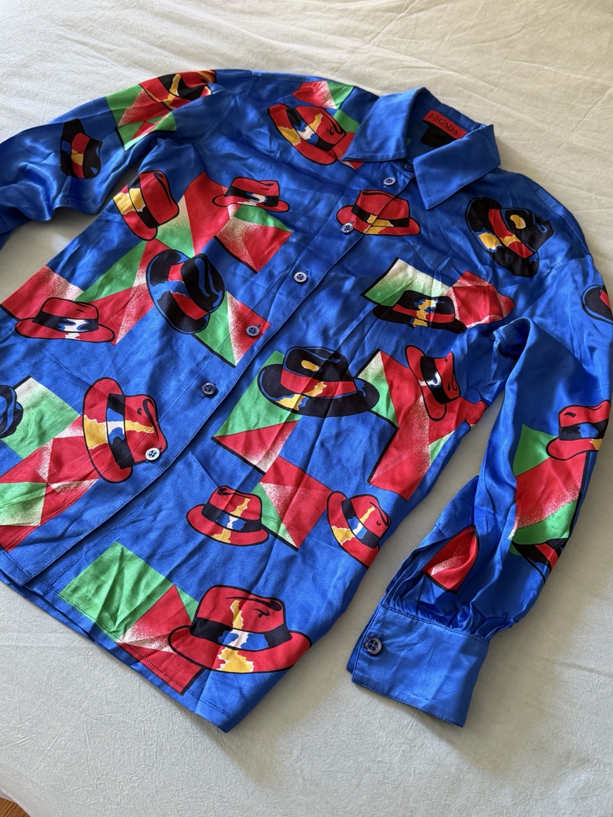 Vintage Escada Cobalt Blue Hat Print Silk Blouse Maxmalism S/M