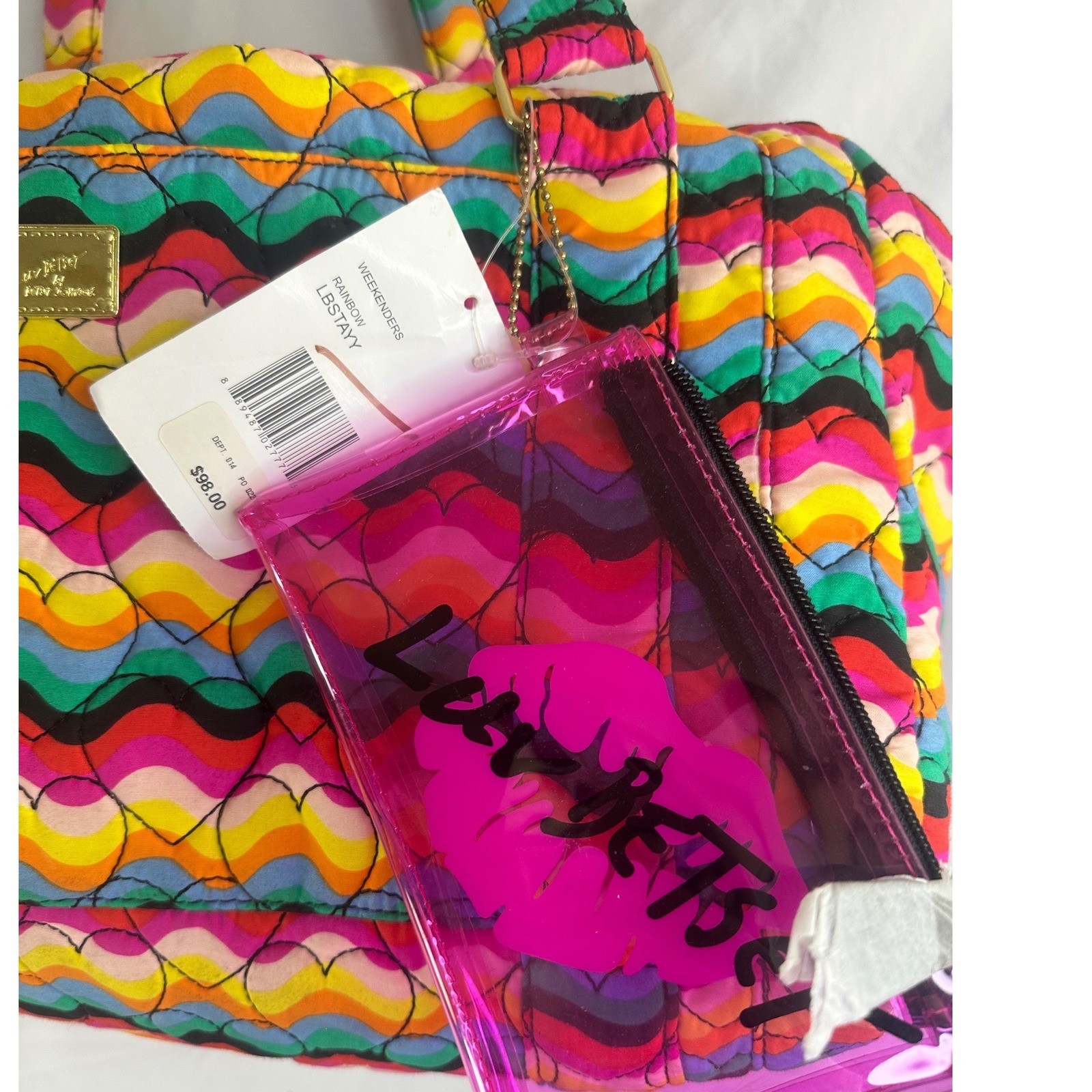 NWT Betsey Johnson Rainbow Weekenders Bag With Clear Pink Zip Bag