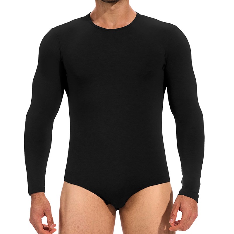 Men Crew Neck Long Sleeve Bodysuit Stretch Soft Slim Fit One Piece Underwear Top