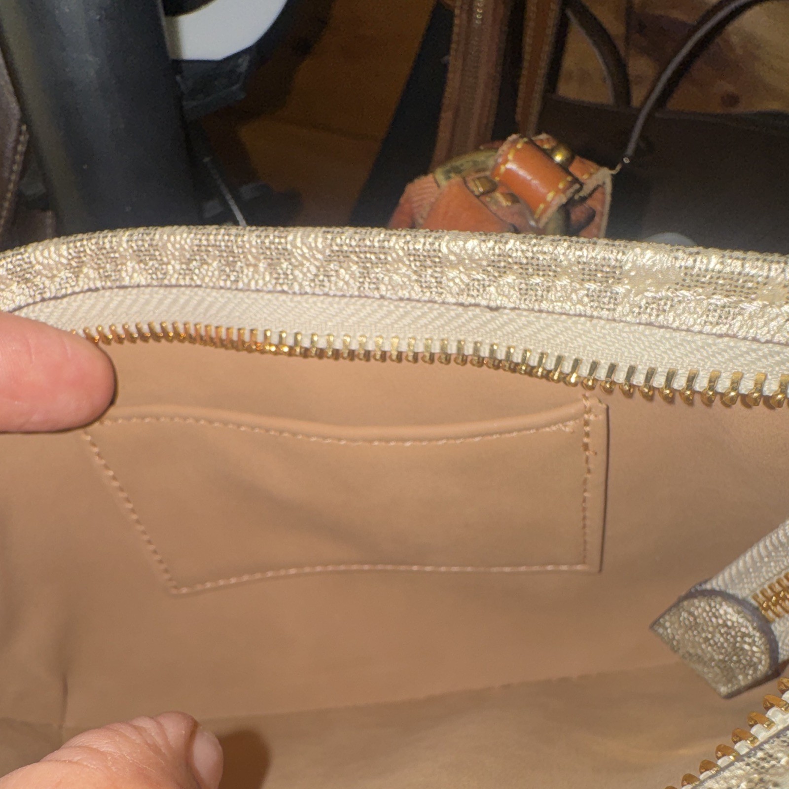 Michael Kors Gold Logo Zip Wristlet for Women with Inner Pocket Beige Strap