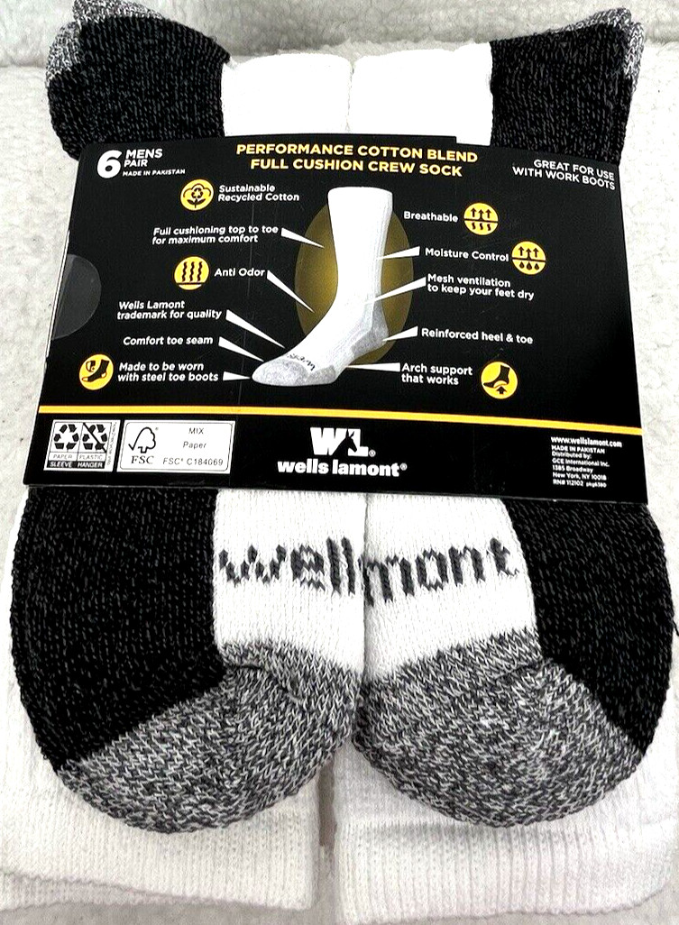Wells Lamont Men’s Work Crew Socks 6-Pk White/Gray Great For Steel Toe Boots
