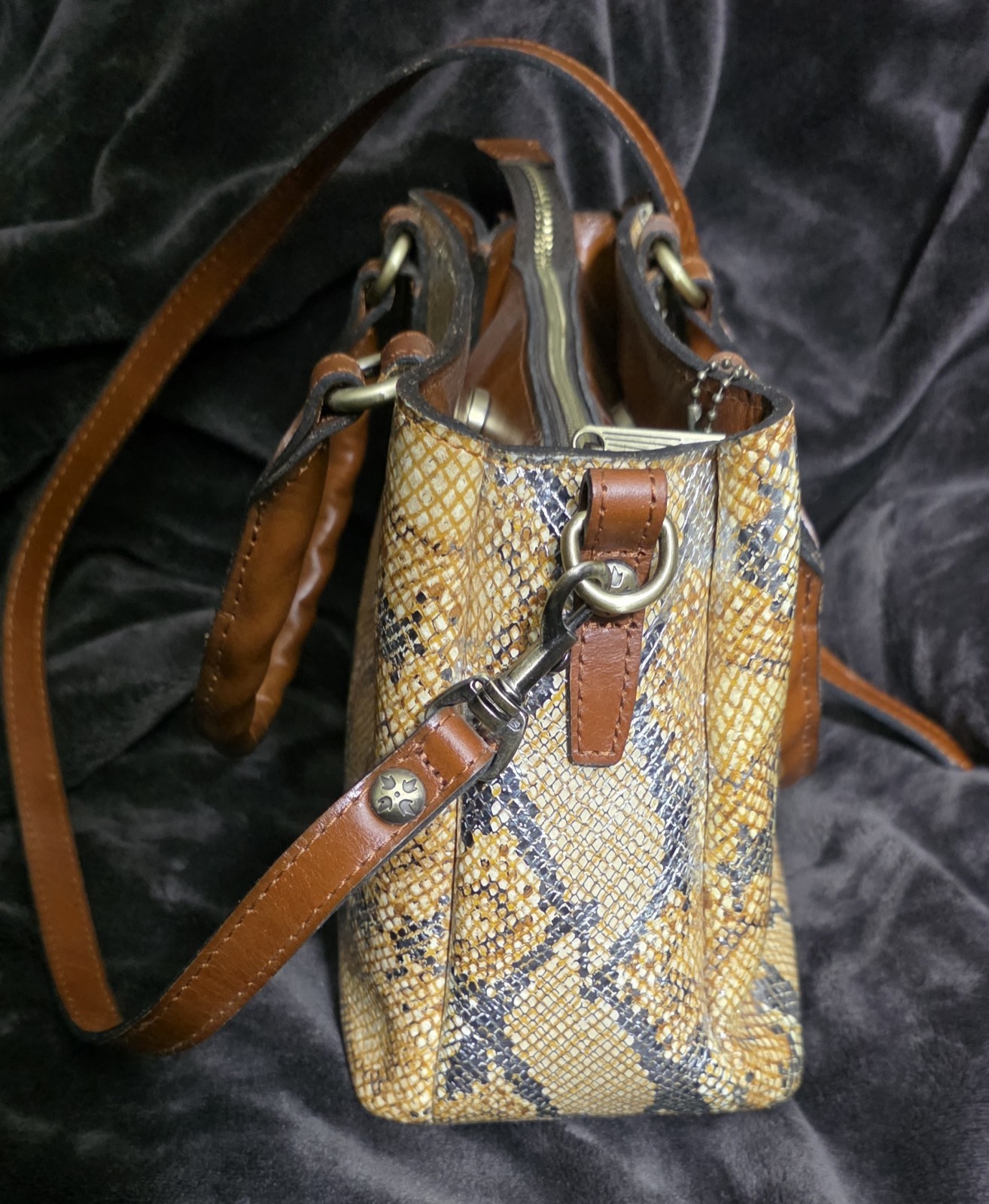 Patricia Nash Tan/Brown/Gray Snake Print Satchel Bag Zip, Detachable Strap