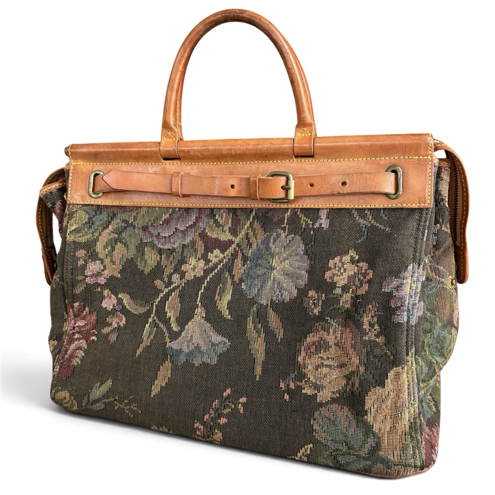 Rare Vintage Polo Ralph Lauren Tapestry Floral Boston Bag Leather Doctor Duffle