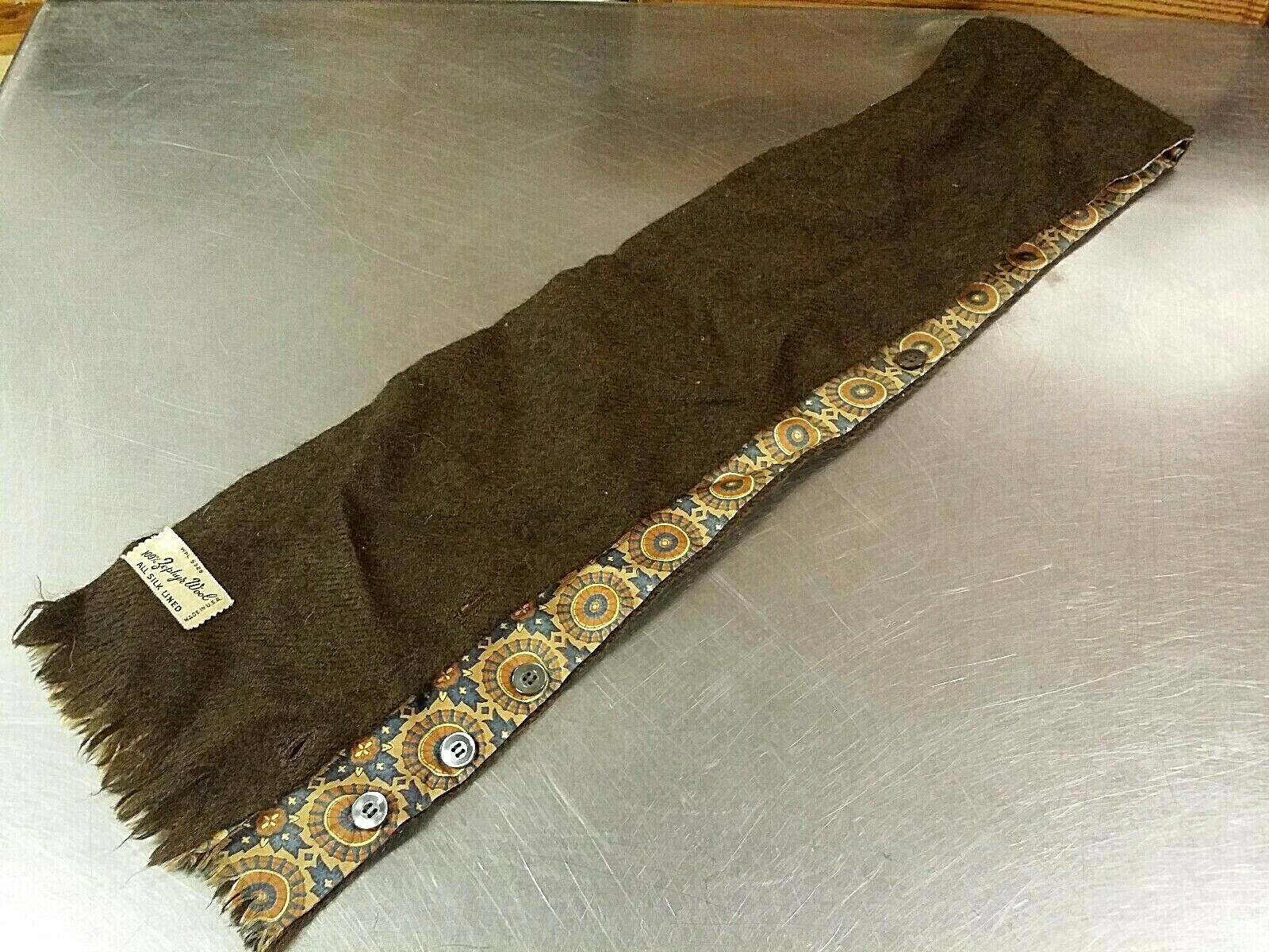 Vintage Reversible Scarf with Buttons, 100% Zephyr Wool & Silk, Brown Blue Tan