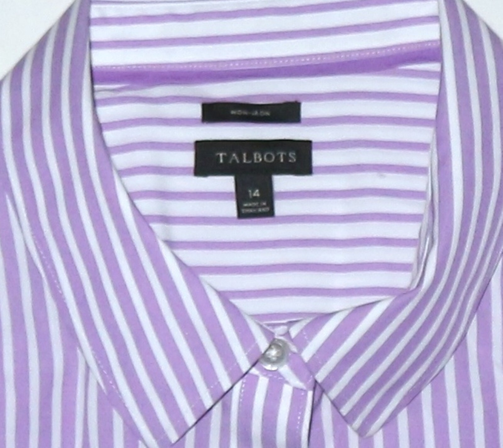 TALBOTS Lavender Striped No Iron Blouse 44 In Chest 26.5 In Long Sz 14 EXC