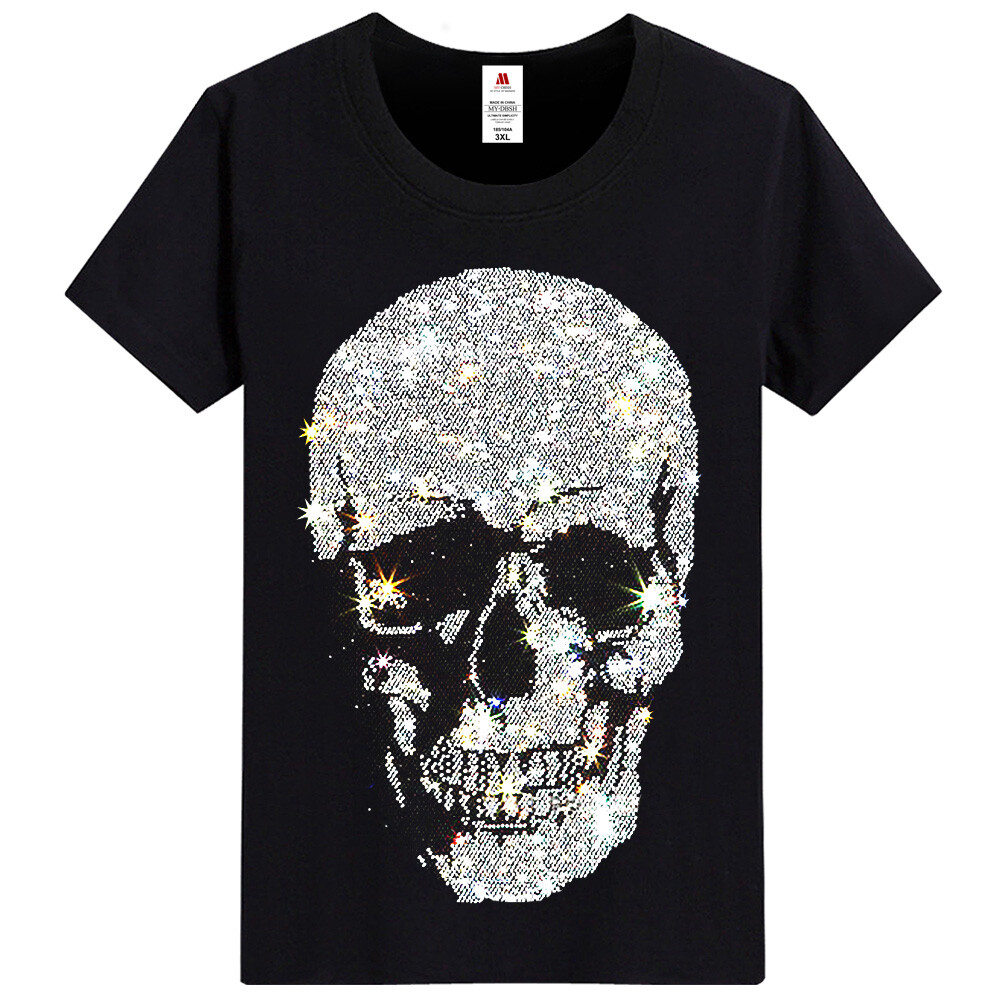 New Fashion Skull Rhinestone Summer Short Sleeve Luxury Men Black White T-Shirt
