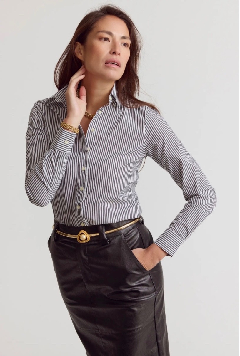 NWOT Rochelle Behrens The Icon Shirt Stripe Gunmetal White M Nordstrom $145