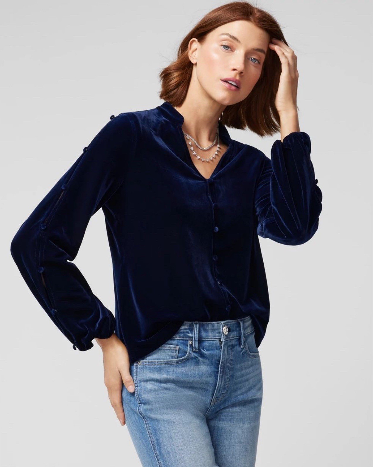 WHBM Long Sleeve Navy Blue Velvet V-Neck Blouse Buttons Split Sleeve Women’s S