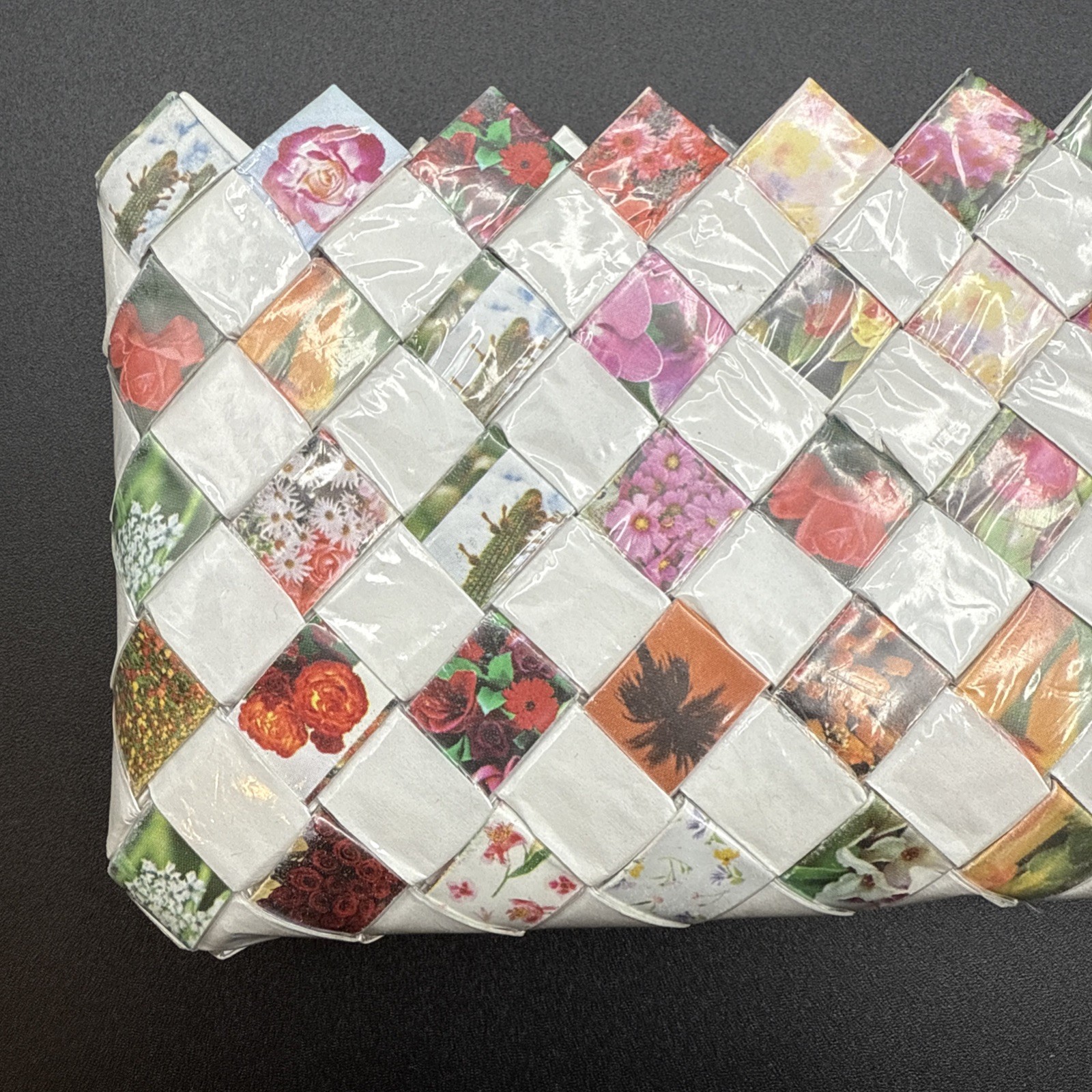Nahui Ollin White And Floral Candy Wrapper Clutch Purse Wristlet Zip Top Woven