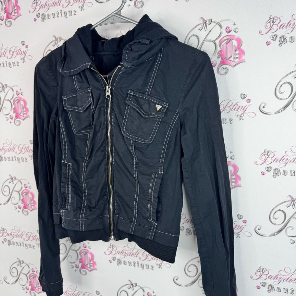 Guess jacket hood zip up logo pockets cargo Black Utility Jacket for Women