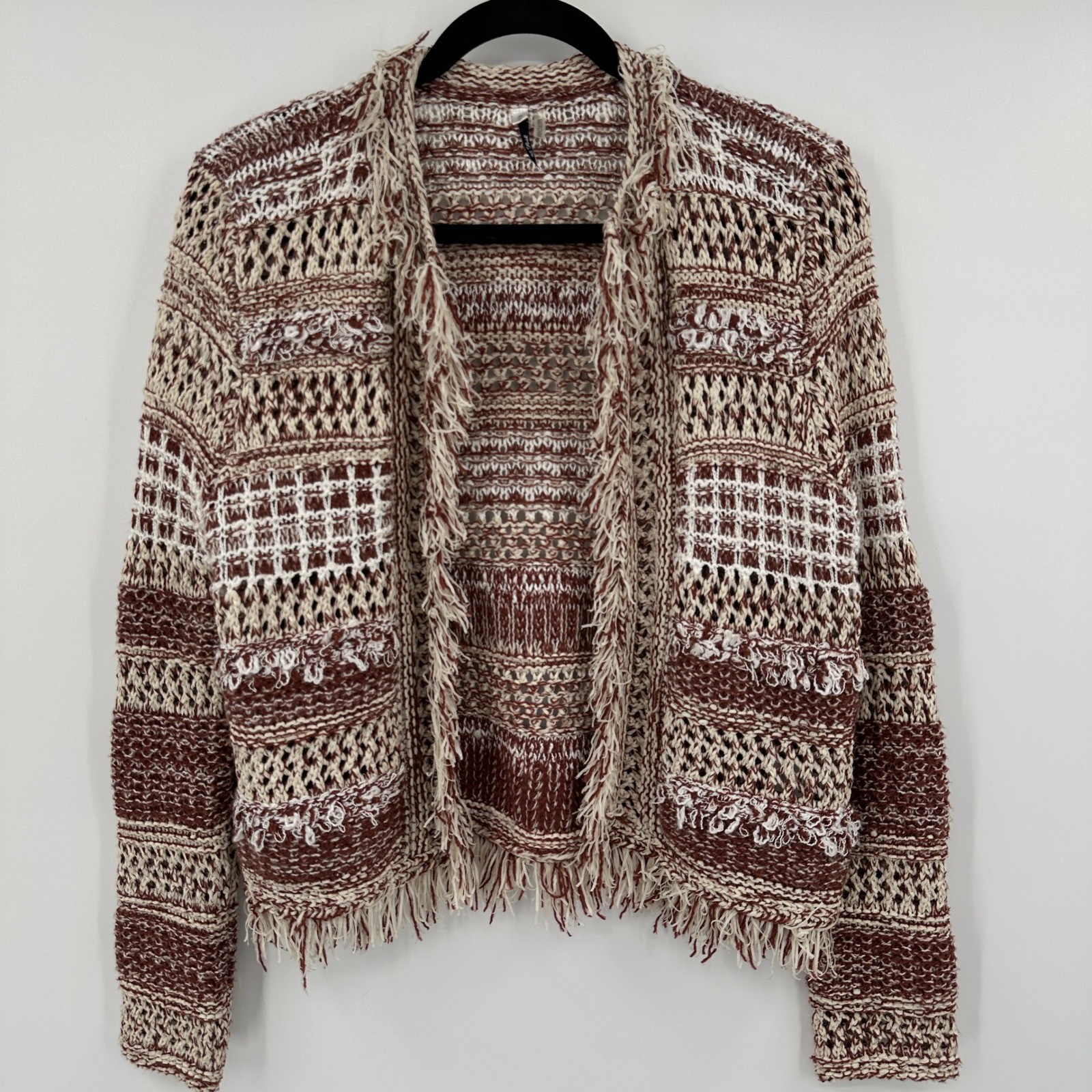 25 South Boho Fringe Open Front Cardigan Sweater Knit Geometric Pattern