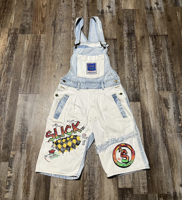 Vintage 90s SLICK Sportswear denim overalls Shorts Grunge Hip Hop Skate 80s Sz S