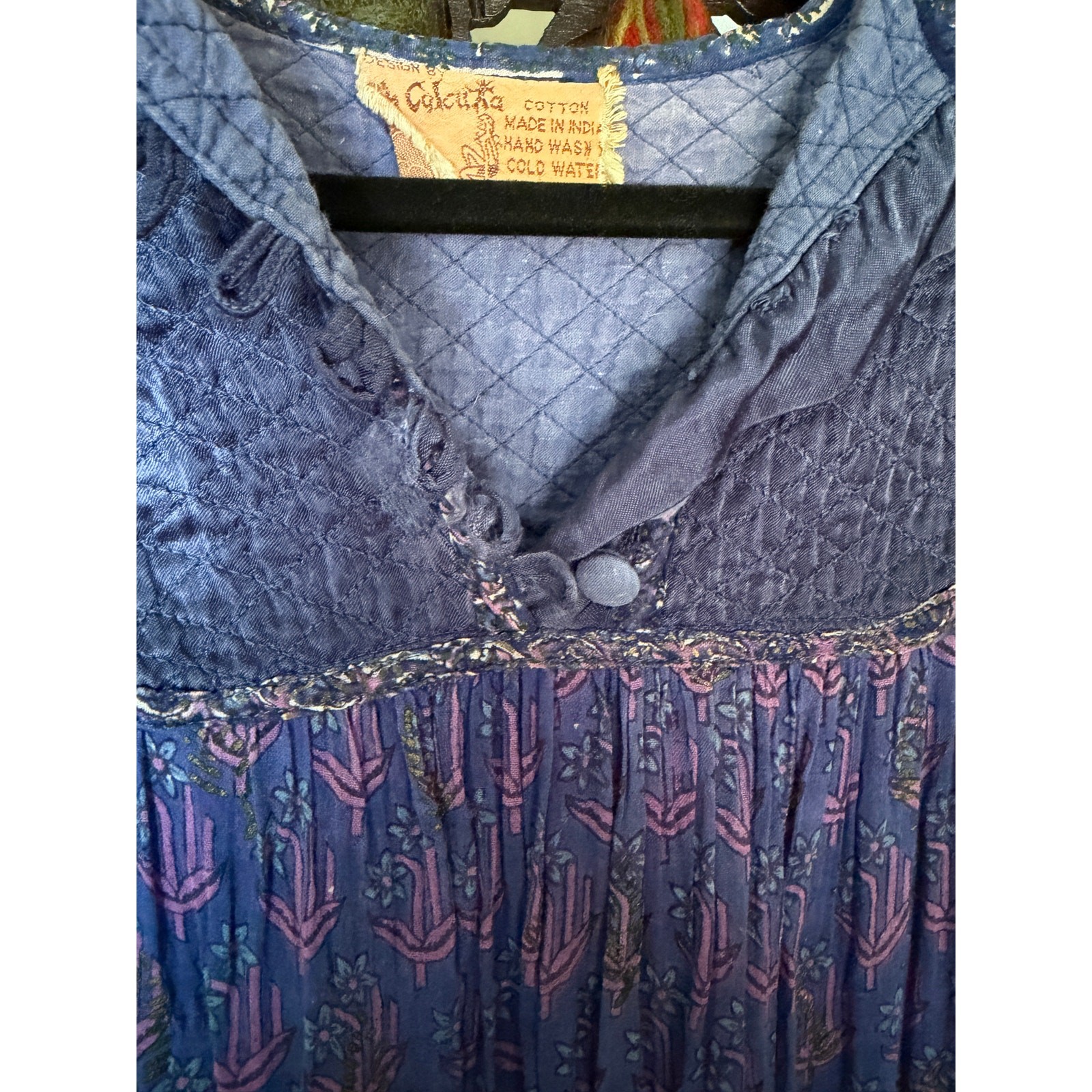 Vintage 60s 70s OH CALCUTTA India Cotton Gauze block print angel sleeve dress