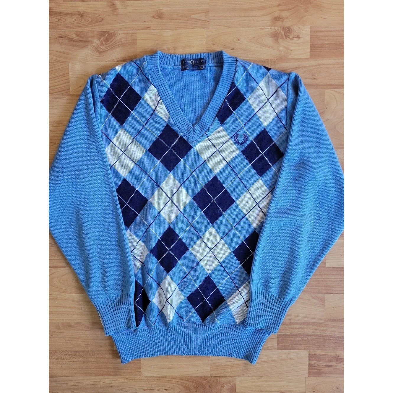 Fred Perry Argyle V-Neck Light Baby Blue Sweater, Made In England, Large