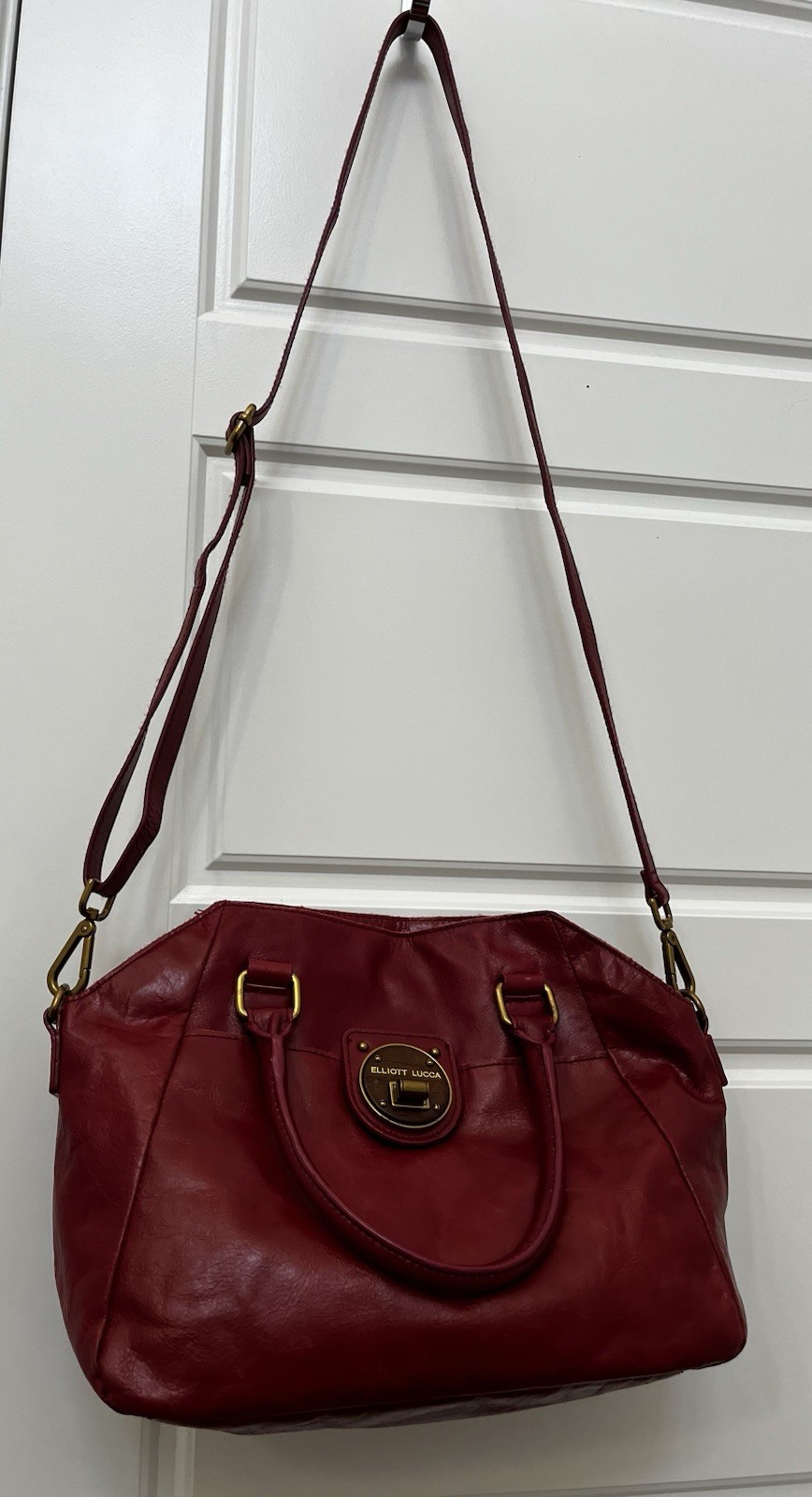 Elliott Lucca Red Large Satchel Gold Hardware Turn Lock Detachable Strap