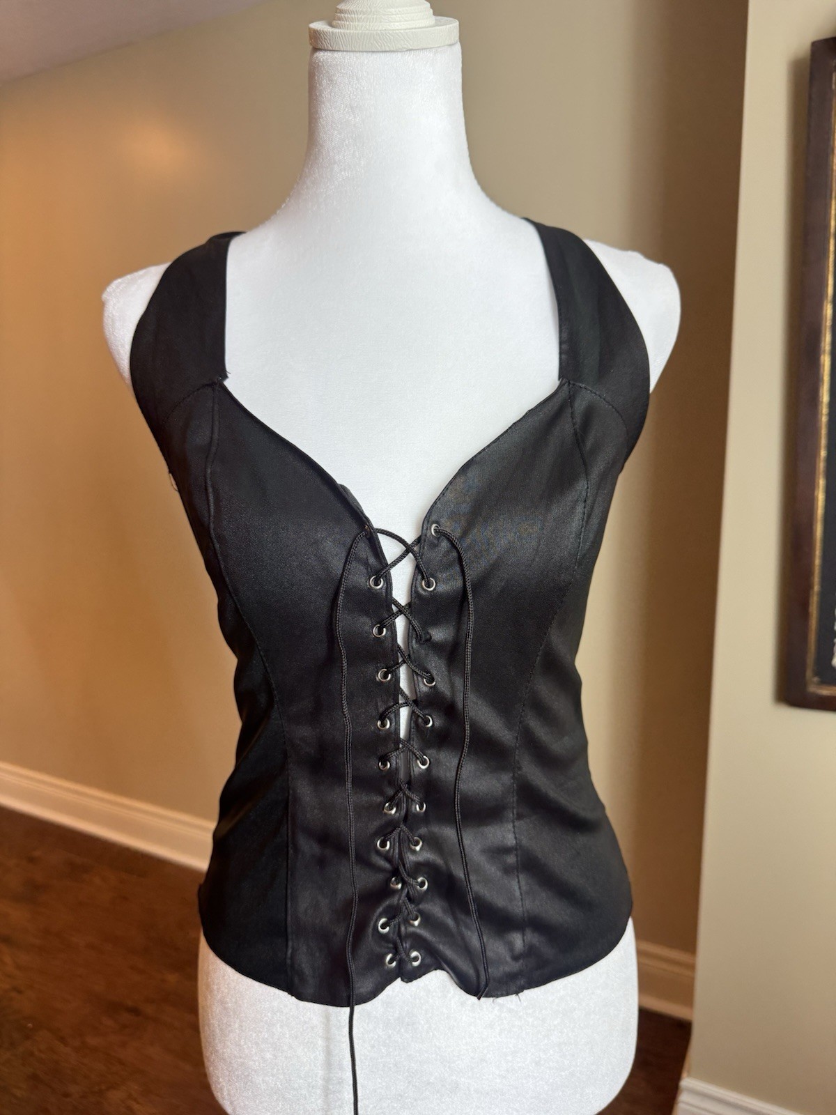 Black Satin Halter Lace-Up Backless Corset Top, Size XS