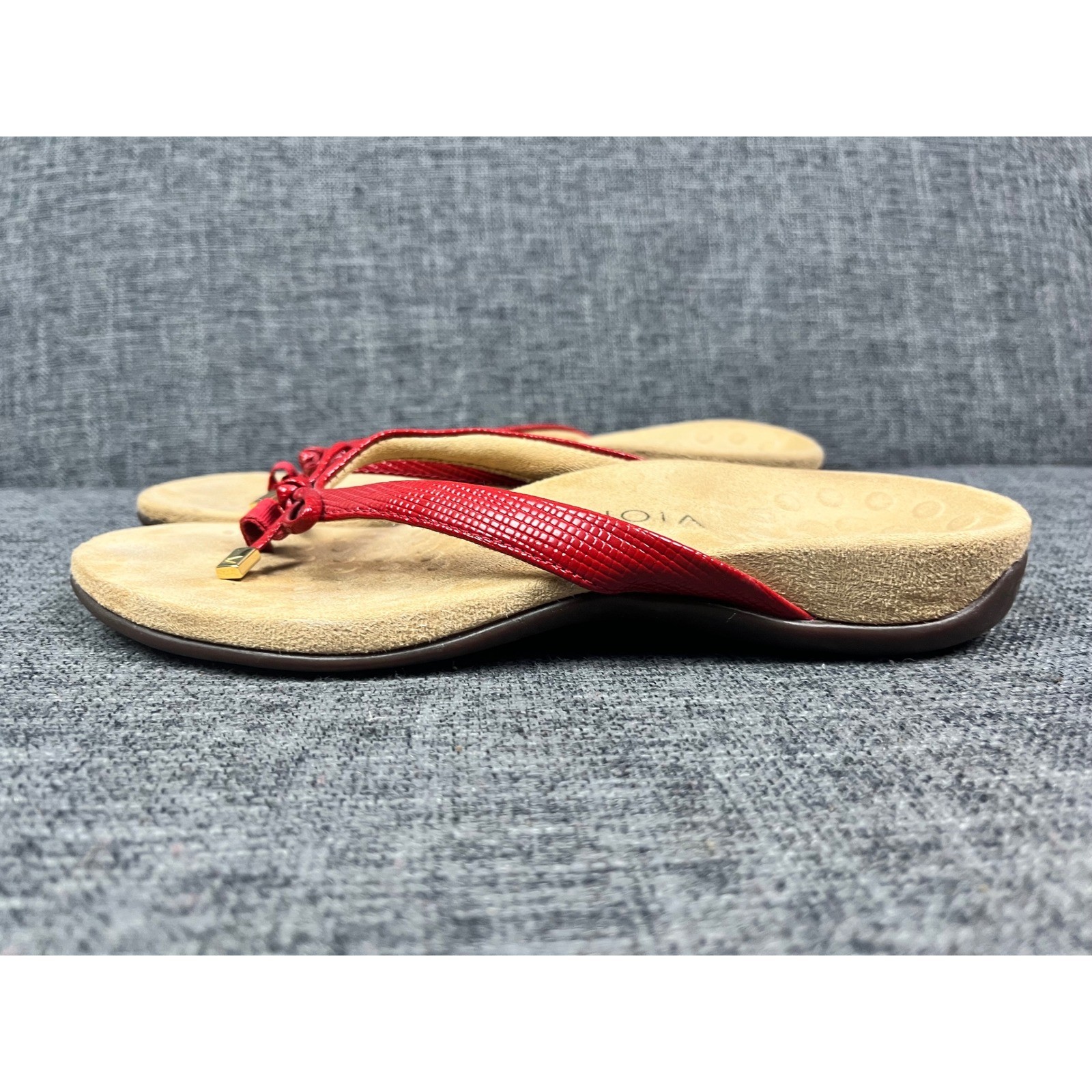 Vionic Bella II Red Lizard Embossed Orthotic Bow Flip Flop Sandals Womens 7.5