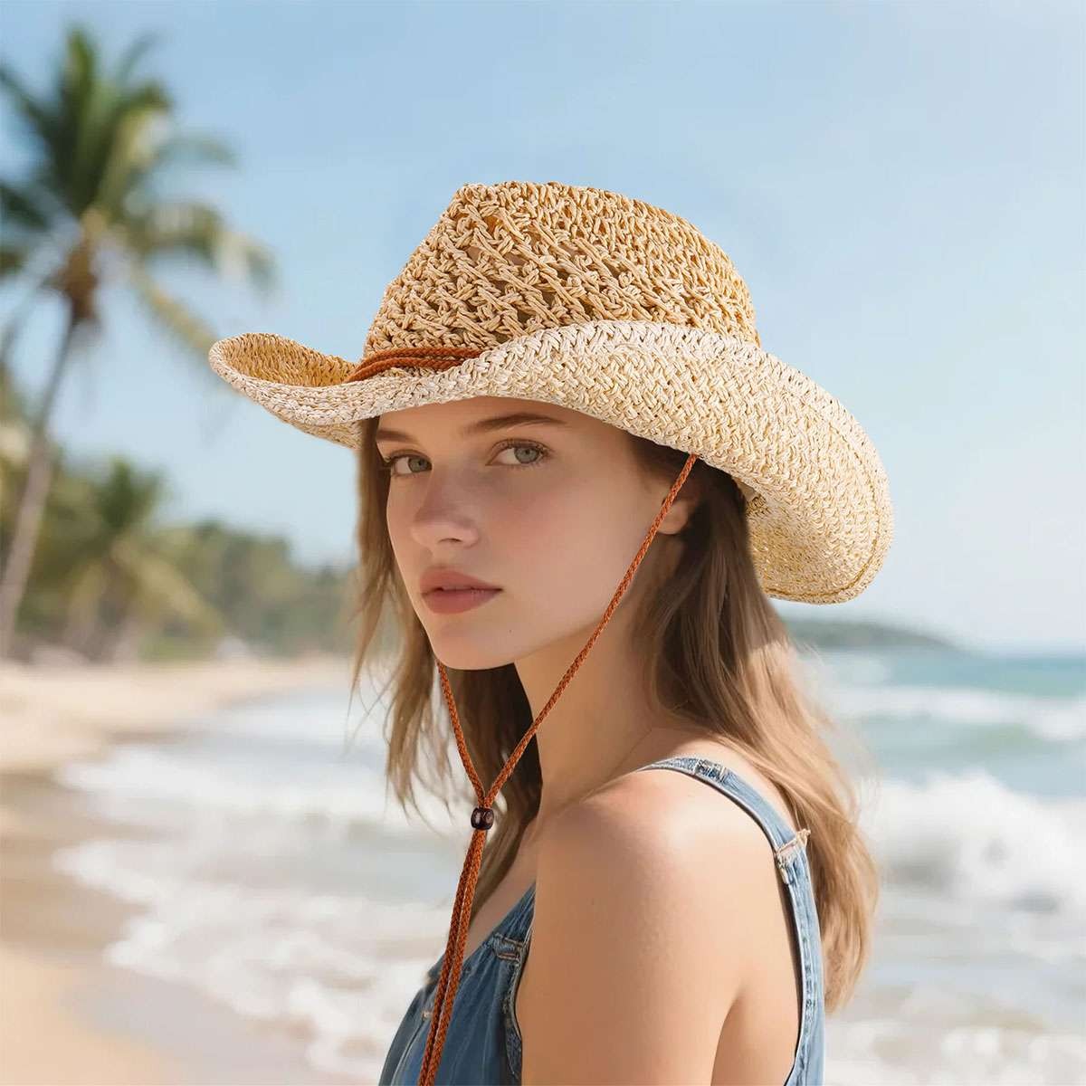 Women Men Western Cowboy Hat Straw Shapeable Wide Brim Cowgirl Summer Beach Hat