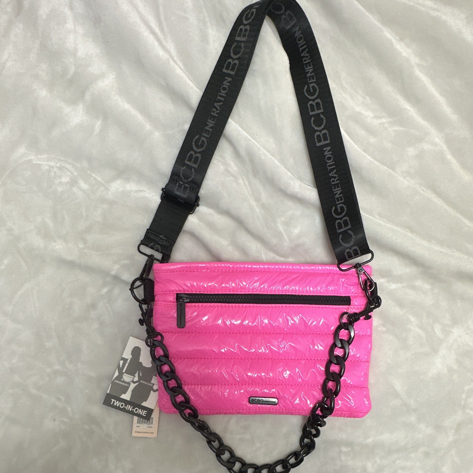 BCBGeneration Pink Quilted Crossbody Bag Black Logo Strap Chain Zip Snap