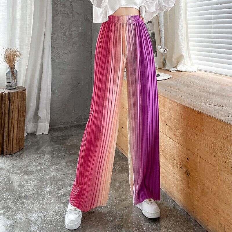 Lady Rainbow Gradient Faux Silk Pants Pleated Tie-Dye Wide-leg Trouser Drape Fit