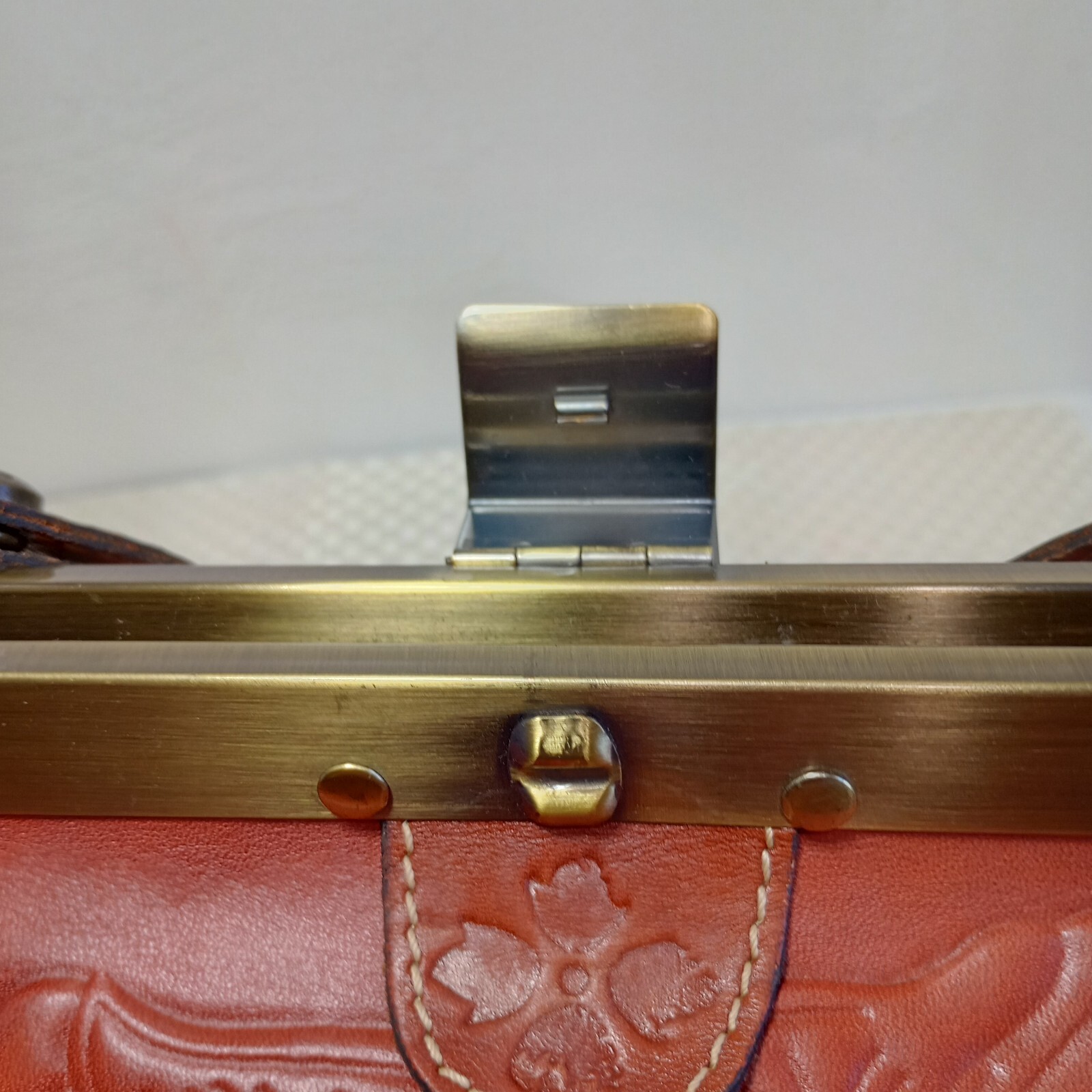 Patricia Nash Floral Embossed Cognac Leather bag Medium Brass Bottom Studs EUC