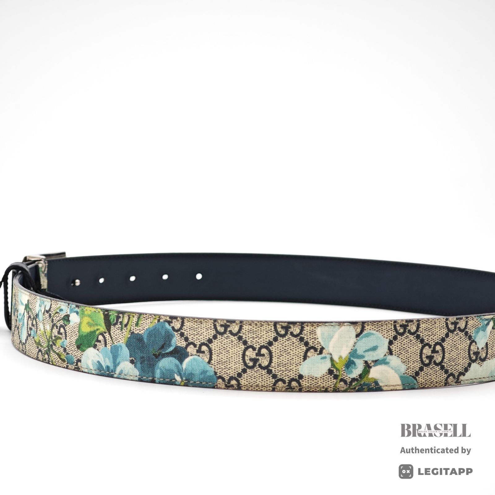 GUCCI GG Supreme Blooms Belt 546375 Floral Navy Leather 【ImportFeeFREE】