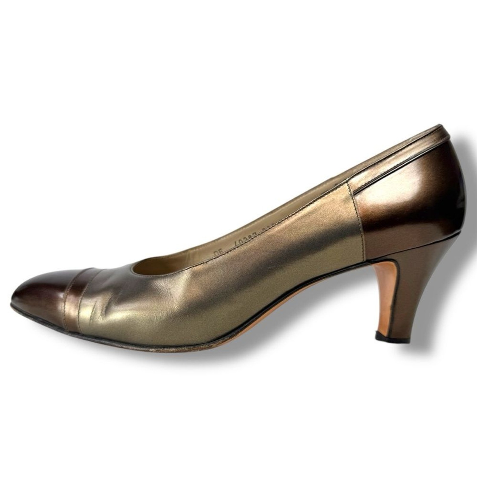 Salvatore Ferragamo Italian Leather Pumps Bronze Luxury Heels 6.5 AA Narrow