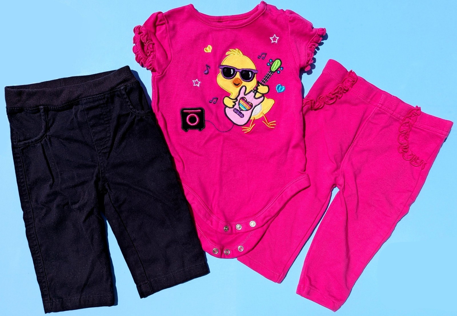 Garanimals Baby Girl 6-9M 6-9 Months Rock n Roll Guitar Duck 3 Pc Pink Pants Set