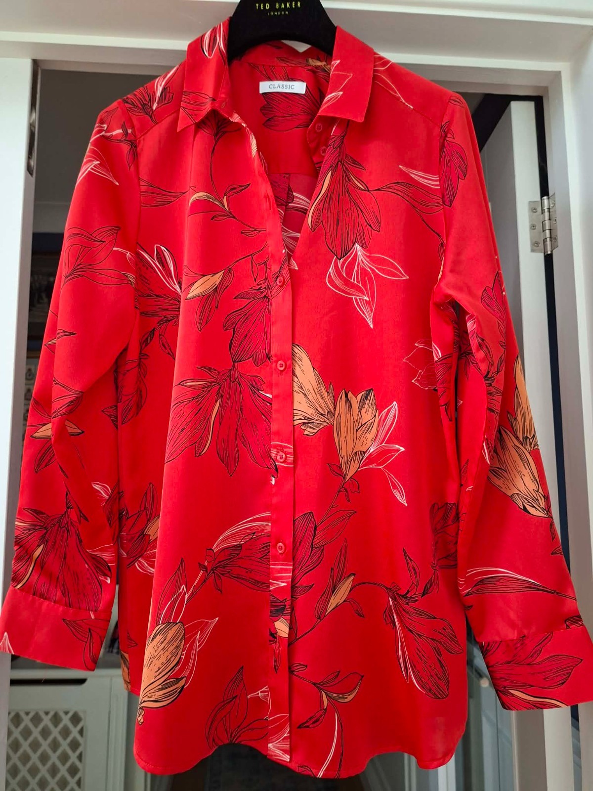 M&S Classic red floral blouse shirt uk 14 long sleeve