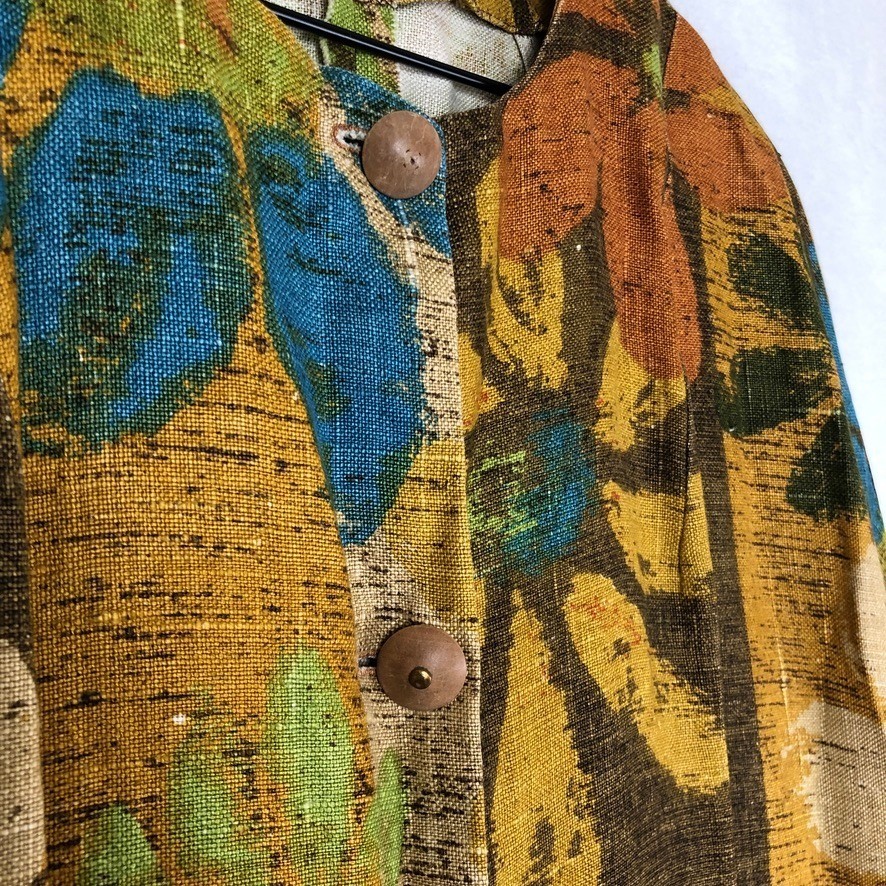 VTG 70s Floral Button Front Maxi Dress Duster Sz L Earthy Retro Homemade