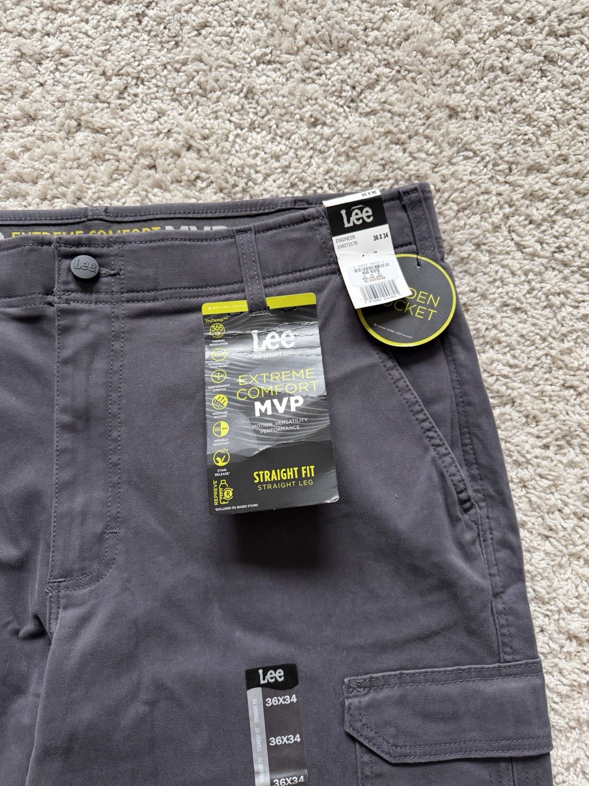 Lee – Extreme Comfort MVP Engineer Straight Fit Cargo Pants 36×34 Gray NEW wTags