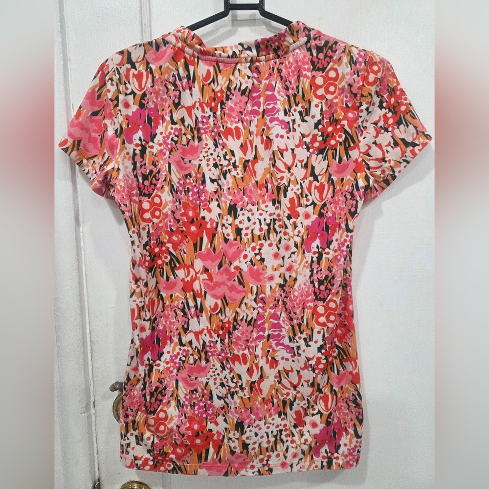 Lesley Evers Floral Pink Orange V-Neck Top Xsmall