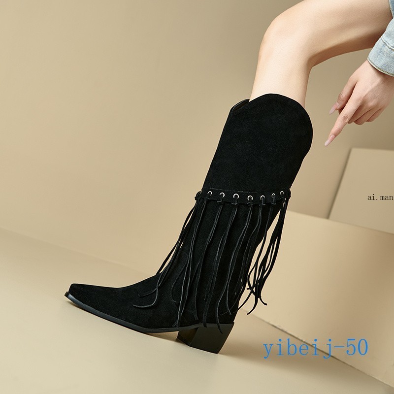 Women Tassel Mid Calf Boot Velvet Western Cowgirl Shoes Dress Formal Fall Winter