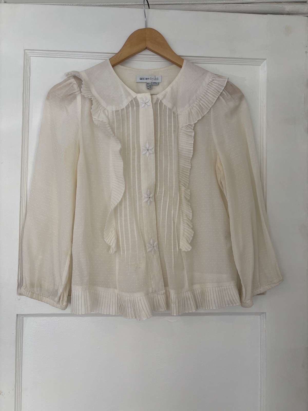 See By Chloe Cream Textured Ruffle Peter Pan Collar Blouse