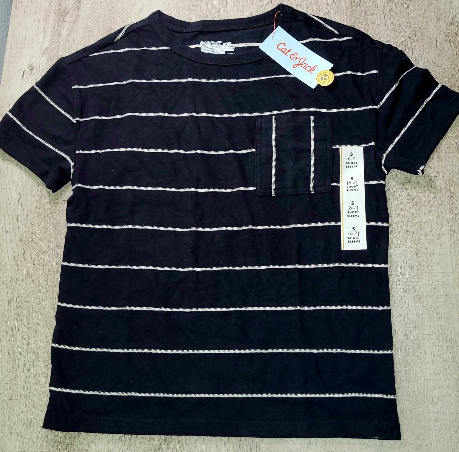 Cat & Jack Boys Black White Stripe Pocket T Tee Shirt Size S 6 7 NWT
