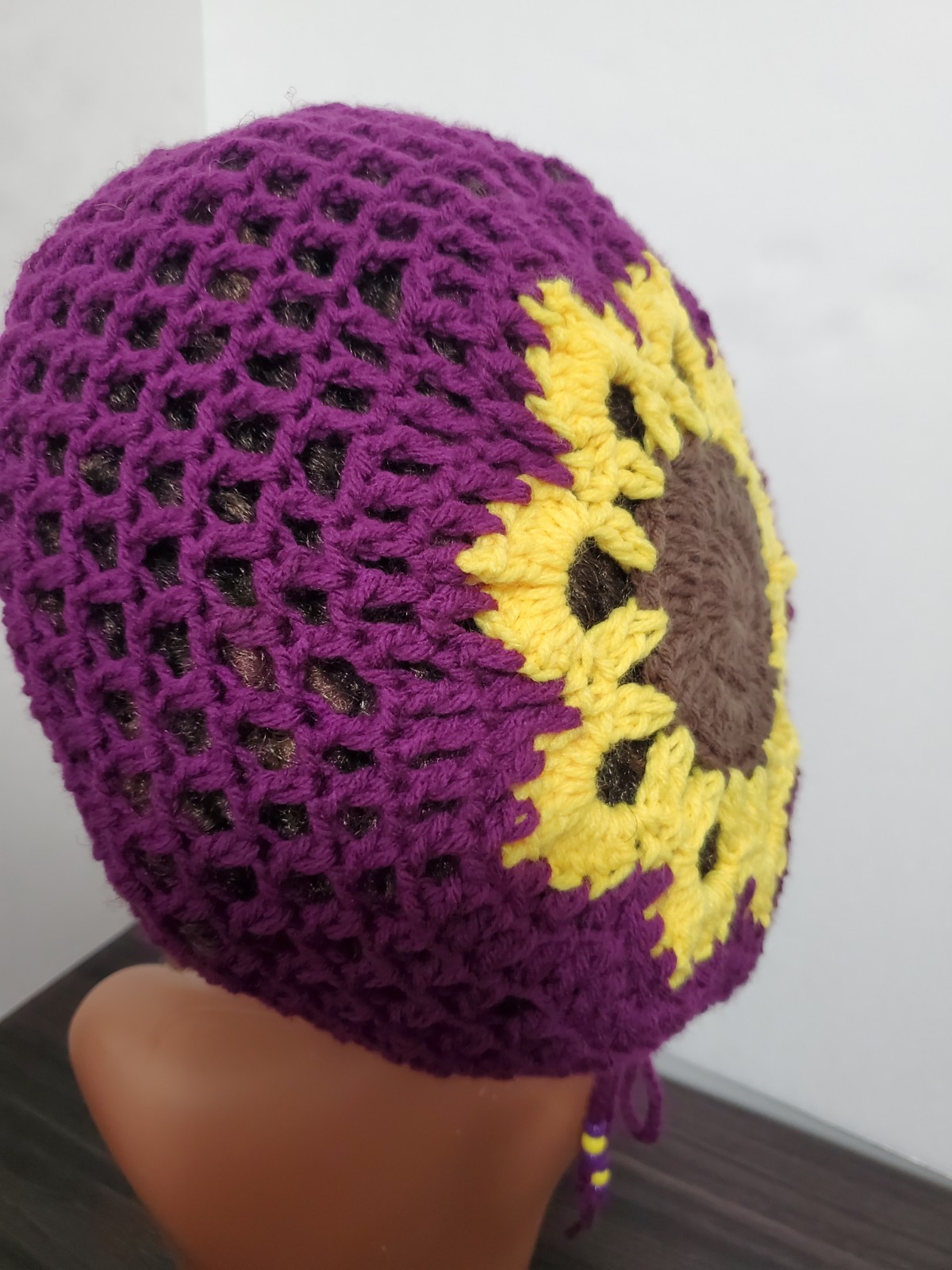 Crochet Flower Tam Slouch Hat With Drawstring Handmade One Size Dreadlock Beanie