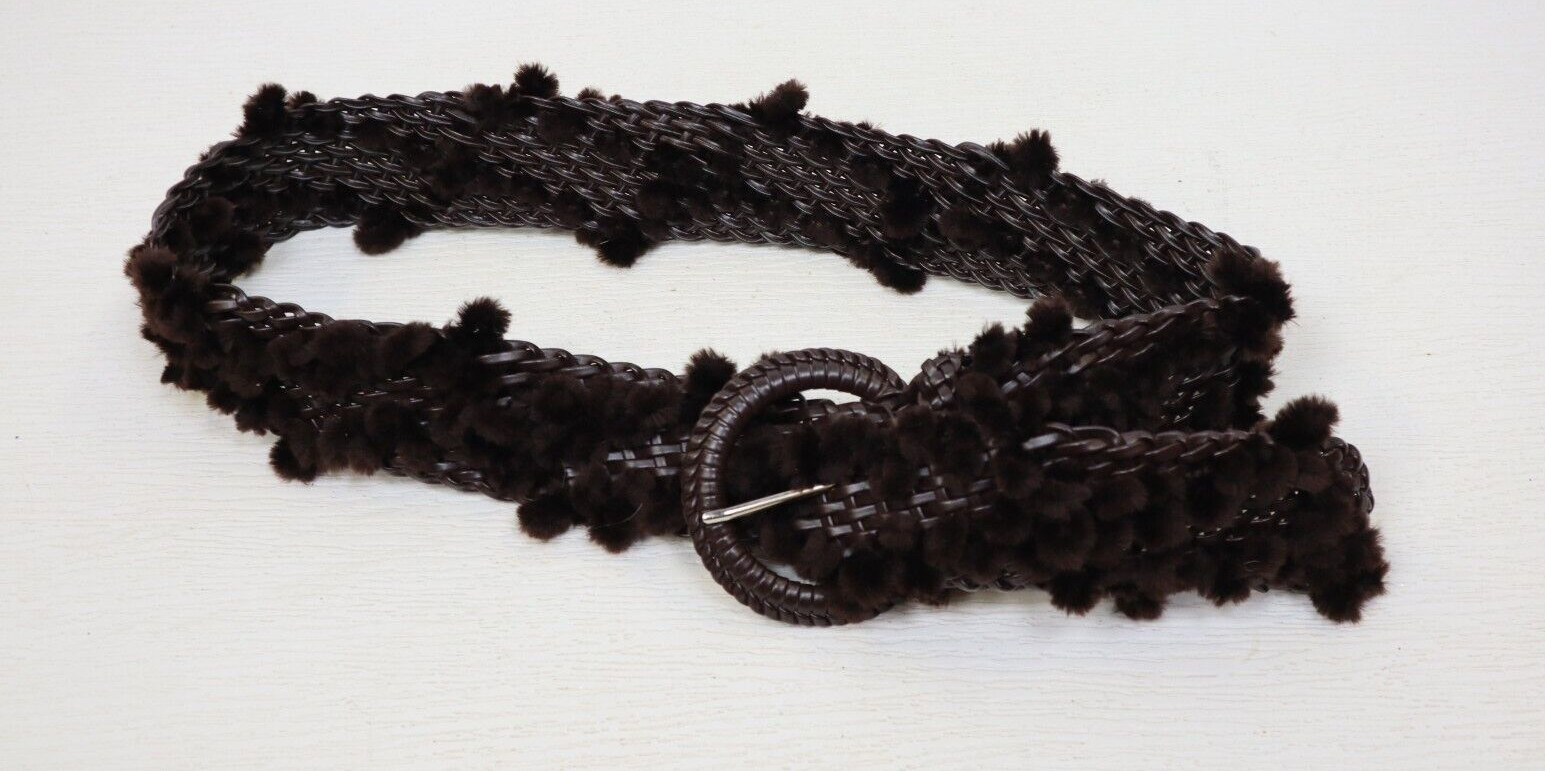 WOMEN’S BROWN FAUX LEATHER WOVEN FUZZZY TEXTURED BELT- 2.25in wide – Y2K