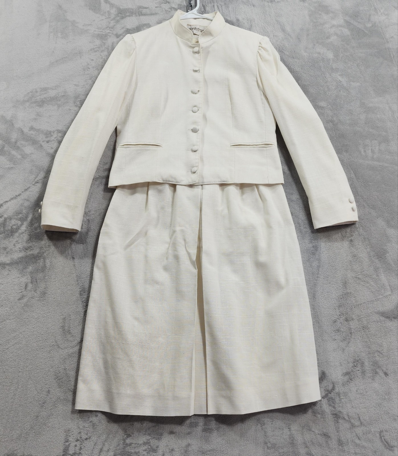 Vintage Nordstrom Skirt Suit Womens M White Silk Blend Mandarin Collar 70s 2PC