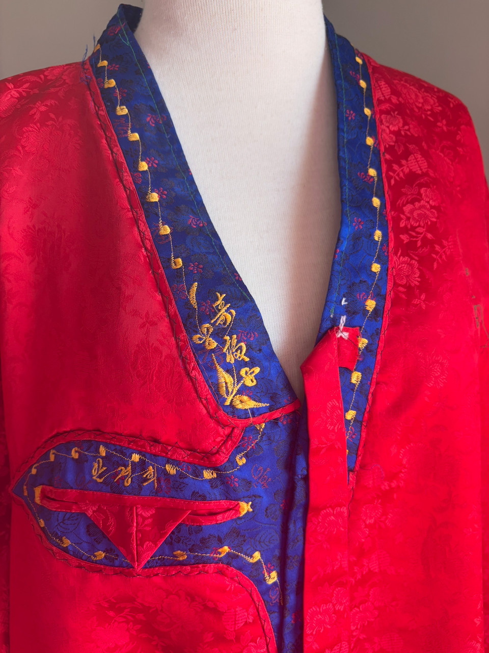 Vintage Korea Red Blue Brocade Embroidered Hanbok Durumagi Overcoat Traditional