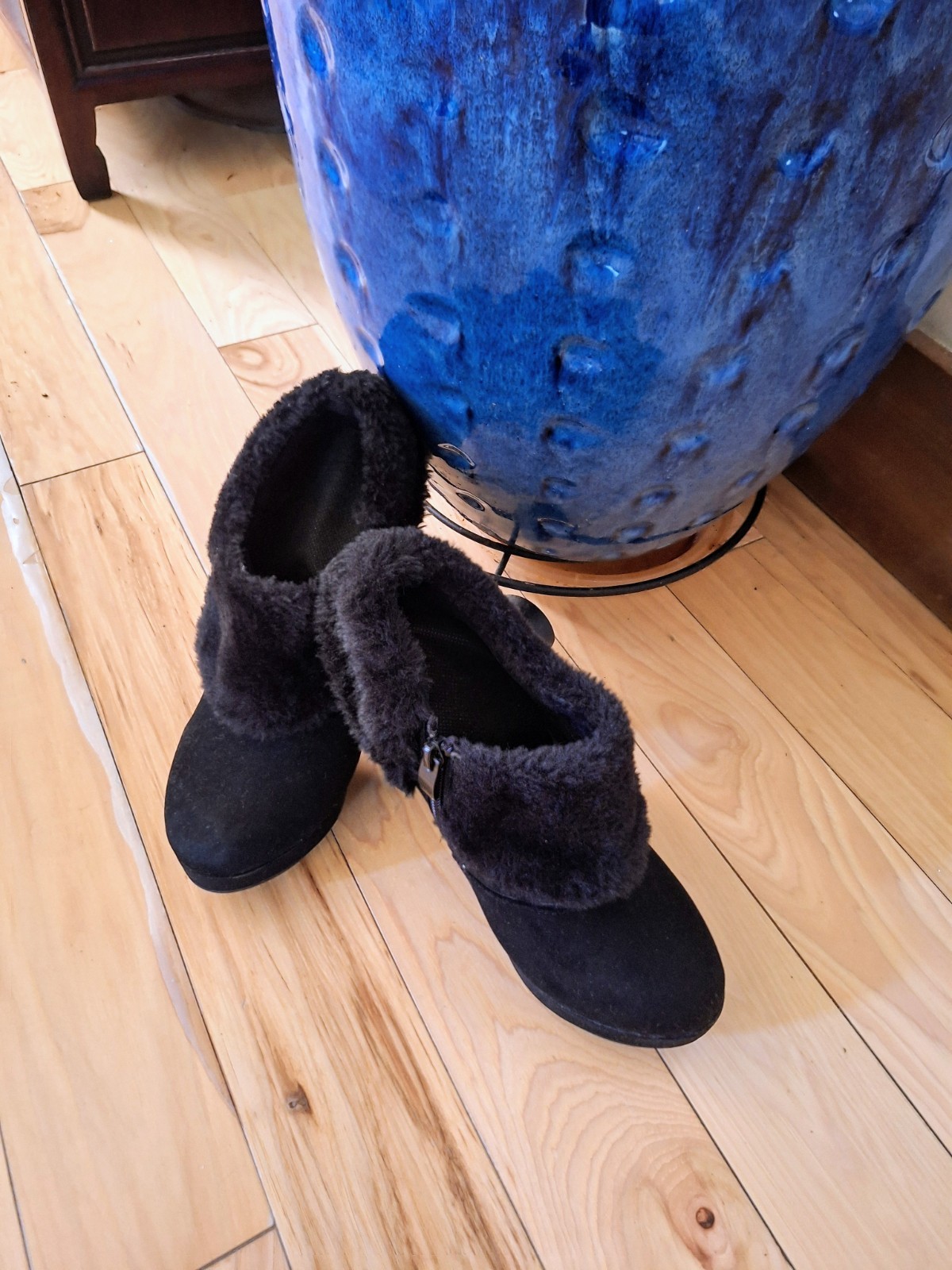New Black Fur-Trim Stiletto Ankle Boots, 20cm front Platform and YKK Side Zip