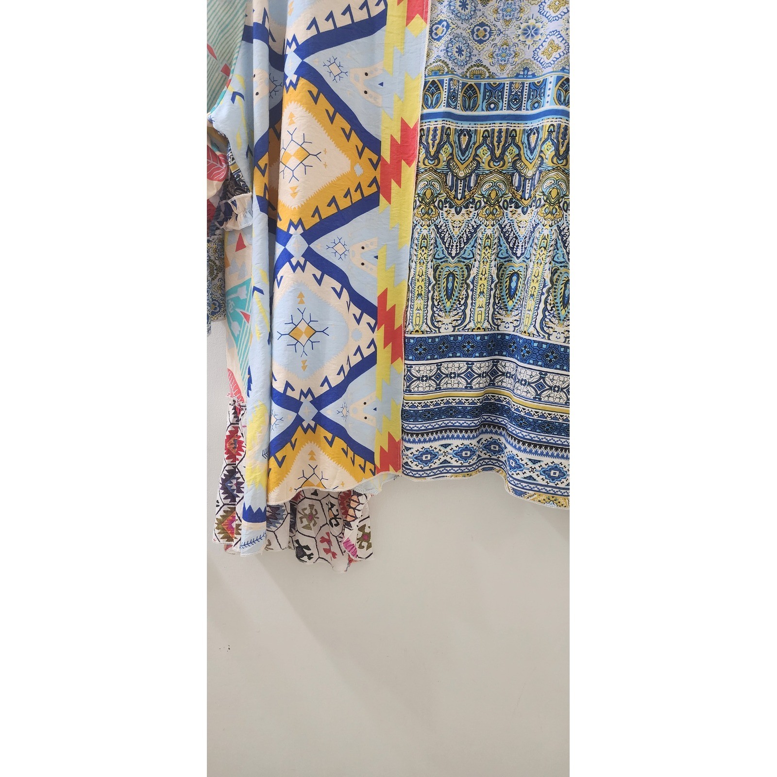 Calesa Mixed Print Patchwork Ruffle Tunic Top Multi-Color Boho Asymmetrical L