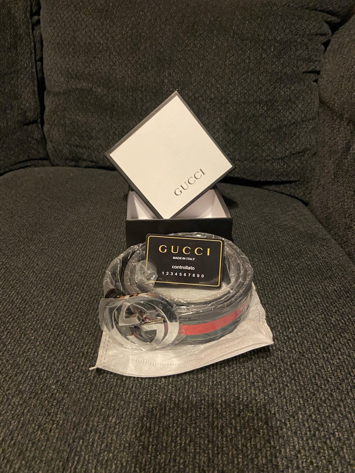 Gucci GG Silver Interlocking Belt Buckle Red Green Black Leather Canvas Men